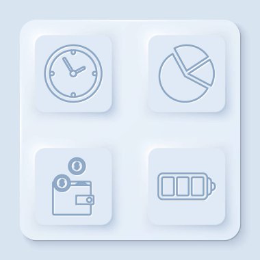 Hat saatini, pasta grafiğini, bozuk paralarla cüzdanı ve pil şarj seviyesini ayarlayın. Beyaz kare düğme. Vektör