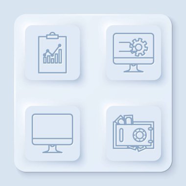 Grafik grafikli çizgi panosunu, grafik grafikli bilgisayar monitörünü, bilgisayar monitörünü, kasa ve parayı ayarla. Beyaz kare düğme. Vektör