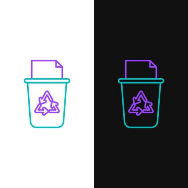 Green and purple line Recycle bin with recycle symbol icon isolated on white and black background. Trash can icon. Garbage bin sign. Recycle basket sign.  Vector Illustration