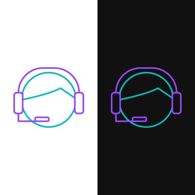 Beyaz ve siyah arkaplanda izole edilmiş kulaklık simgesi olan yeşil ve mor çizgi adamı. Destek operatörü hatta. Çağrı merkezi konsepti, müşteri destek servisi. Vektör İllüstrasyonu