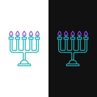 Yeşil ve mor çizgili Hanuka menorah simgesi beyaz ve siyah arkaplanda izole edilmiş. Geleneksel Hanuka sembolü. Tatil dini, Yahudi Işık Festivali. Vektör İllüstrasyonu