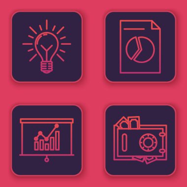 Çizgi ampulü ışıltılı ve fikir konseptli ayarla, grafik grafikli tahta, grafik çizelgeli belge, kasa ve para. Mavi kare düğme. Vektör