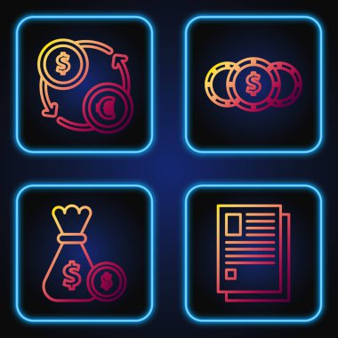 Dosya dosyası, para çantası ve para, para değişimi ve dolar sembollü madeni para. Renk simgeleri. Vektör