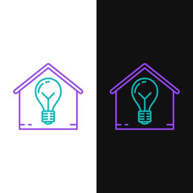 Yeşil ve mor çizgi Akıllı ev ve ampul ikonu beyaz ve siyah arkaplanda izole edilmiş. Vektör İllüstrasyonu