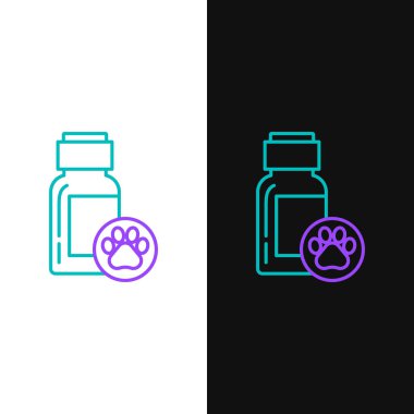 Yeşil ve mor çizgi köpek ilacı ikonu beyaz ve siyah arkaplanda izole edilmiş. İçinde haplar olan konteynır. Hayvan için reçeteli ilaç. Vektör İllüstrasyonu
