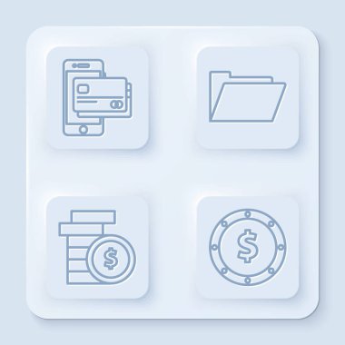 Cep telefonu ve kredi kartı, belge klasörü dolar sembollü bozuk para ve dolar sembollü bozuk para. Beyaz kare düğme. Vektör