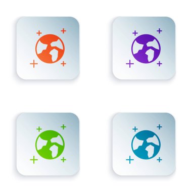 Beyaz arkaplanda Dünya renk ikonu izole edildi. Dünya ya da Dünya işareti. Küresel internet sembolü. Geometrik şekiller. Kare düğmelere simgeleri yerleştir. Vektör İllüstrasyonu