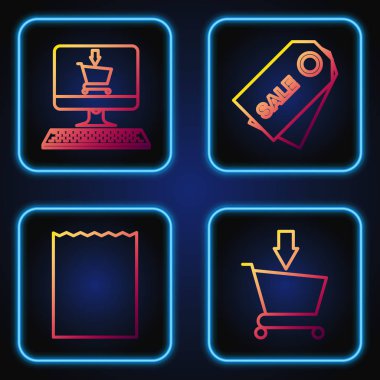 Alış veriş arabasına ekle, alışveriş çantasına ekle, alışveriş arabasını ekran bilgisayarına koy ve Price etiketini yazıya dök. Renk simgeleri. Vektör