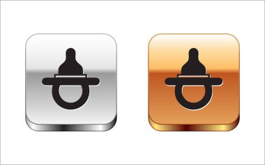 Siyah Bebek emzik simgesi beyaz arkaplanda izole edildi. Çocuk oyuncağı. Gümüş-altın kare düğme. Vektör İllüstrasyonu