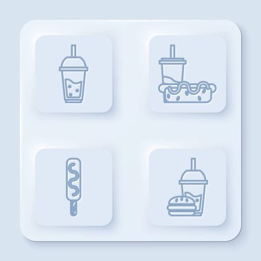 Bir bardak limonata ve pipet, saman ve sosisli kağıt bardak, dondurma ve kamış ve hamburger içen kağıt bardak. Beyaz kare düğme. Vektör