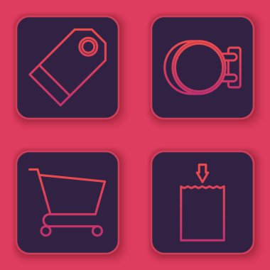 Satır boş etiket şablon fiyat etiketi, alışveriş arabası, tabela asma ve kağıt alışveriş çantası. Mavi kare düğme. Vektör