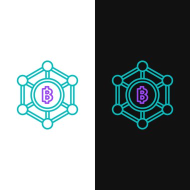 Yeşil ve mor çizgi engelleme teknolojisi Bitcoin simgesi beyaz ve siyah arkaplanda izole edildi. Soyut geometrik blok zincir ağ teknolojisi işi. Vektör İllüstrasyonu