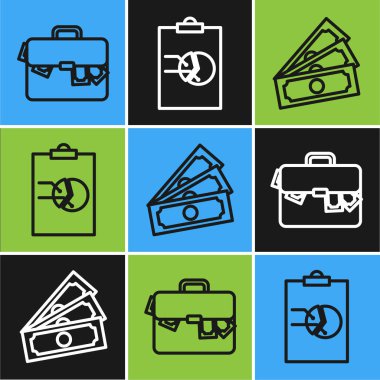 Çanta, para, kağıt para ve grafik çizelgesi simgesi olan pano. Vektör