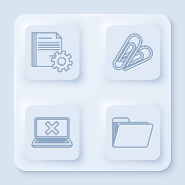 Çizgi Belge ayarlarını vites, ataç, dizüstü bilgisayar ve çapraz işaretli olarak ekranda ve Belge dizininde ayarla. Beyaz kare düğme. Vektör