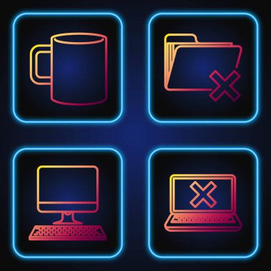 Dizüstü bilgisayarı ve çapraz işareti ekrana, klavyeli bilgisayar monitörüne, kahve bardağını düzleştirin ve dizini silin. Renk simgeleri. Vektör