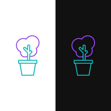 Beyaz ve siyah arkaplanda yeşil ve mor çizgili bir ağaç var. Saksıda saksı bitkisi. Ev ve iç mekan için doğal dekor. Saksı bitkisi işareti. Vektör İllüstrasyonu