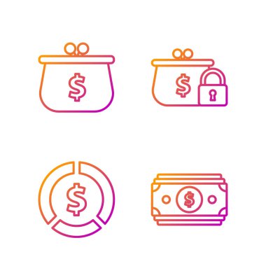 Hat Stacks kağıt para, dolar sembollü sikke para dolar sembollü cüzdan ve kilitli kapalı cüzdan. Renk simgeleri. Vektör