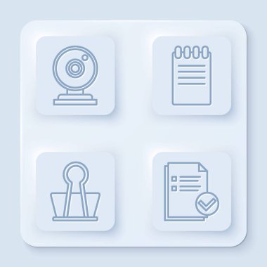 Web kamerası, Not Defteri, Binder klipsi ve Belge satırını ayarla ve işaretle. Beyaz kare düğme. Vektör