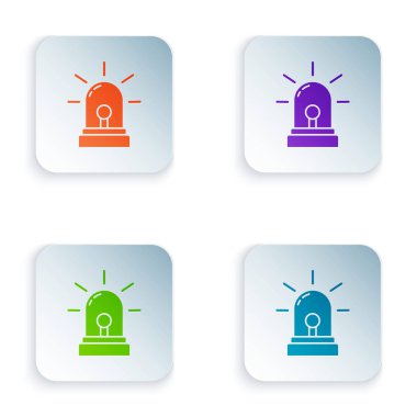 Renkli siren simgesi beyaz arkaplanda izole edildi. Acil durum sireni. Kare düğmelere simgeleri yerleştir. Vektör İllüstrasyonu