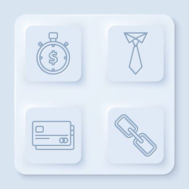 Set zamanı para, kravat, kredi kartı ve zincir bağlantısıdır. Beyaz kare düğme. Vektör