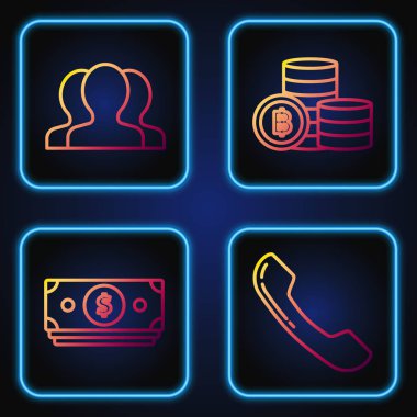 Hattı ayarla Telefon ahizesi, deste kağıt para, kullanıcı grubu ve Kripto para birimi Bitcoin. Renk simgeleri. Vektör