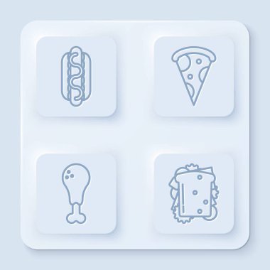 Hardallı Hotdog sandviçi, pizza dilimi, tavuk budu ve sandviç. Beyaz kare düğme. Vektör