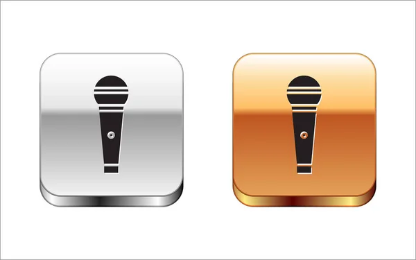 Svart mikrofon ikon isolerad på vit bakgrund. På radiomikrofon. Talarskylt. Silver-guld fyrkantig knapp. Vektor Illustration — Stock vektor