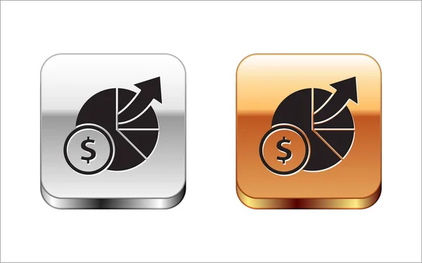 Černá Peníze a diagram ikona grafu izolované na bílém pozadí. Finanční analytika, rozpočtové plánování, finanční manažeři. Zlatý knoflík. Vektorová ilustrace — Stockový vektor