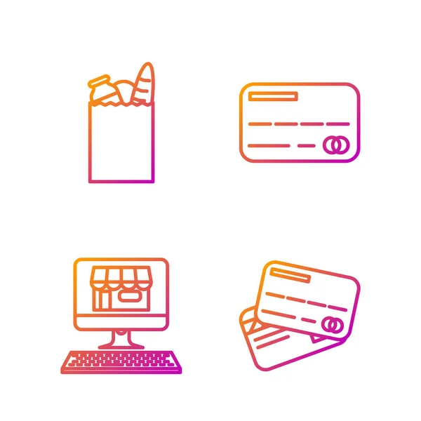 セットラインクレジットカード 画面上のショッピングビル 紙のショッピングバッグや食品やクレジットカード グラデーションのアイコン ベクトル — ストックベクタ