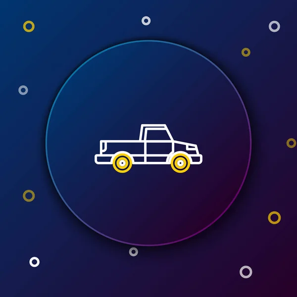 Witte Gele Lijn Pick Truck Pictogram Geïsoleerd Donkerblauwe Achtergrond Kleurrijk — Stockvector