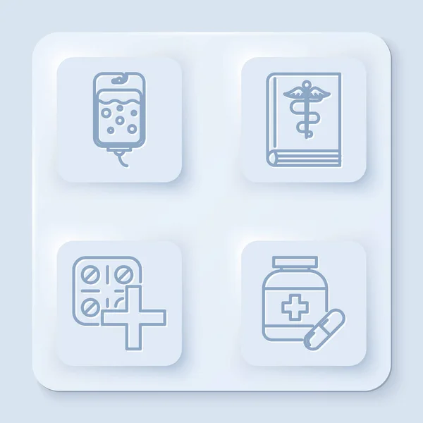 Set ligne IV sac, livre médical, pilules en plaquette thermoformée et flacon de médicament et des pilules. Bouton carré blanc. Vecteur — Image vectorielle
