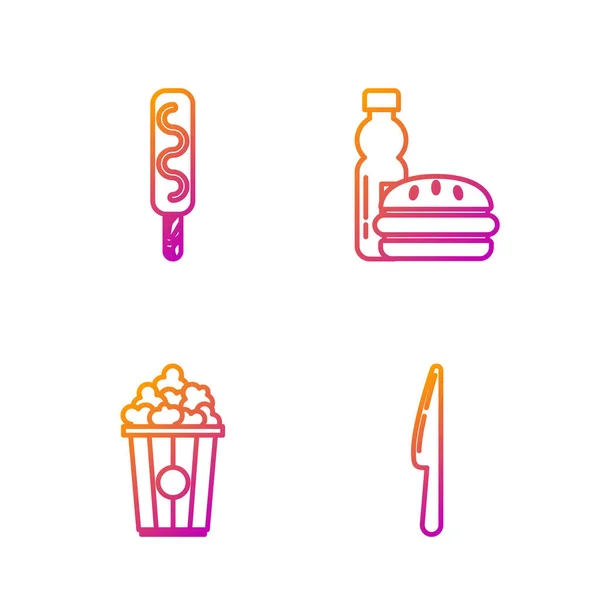 设置线刀 爆米花在纸板箱 冰淇淋 水壶和汉堡包 明亮的色彩图标 — 图库矢量图片