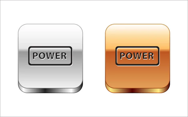 Icono de botón de encendido negro aislado sobre fondo blanco. Firma inicial. Botón cuadrado plata-oro. Ilustración vectorial — Vector de stock