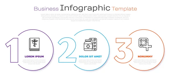 Definir Linha Livro Médico Garrafa Remédio Comprimidos Comprimidos Blister Pack — Vetor de Stock