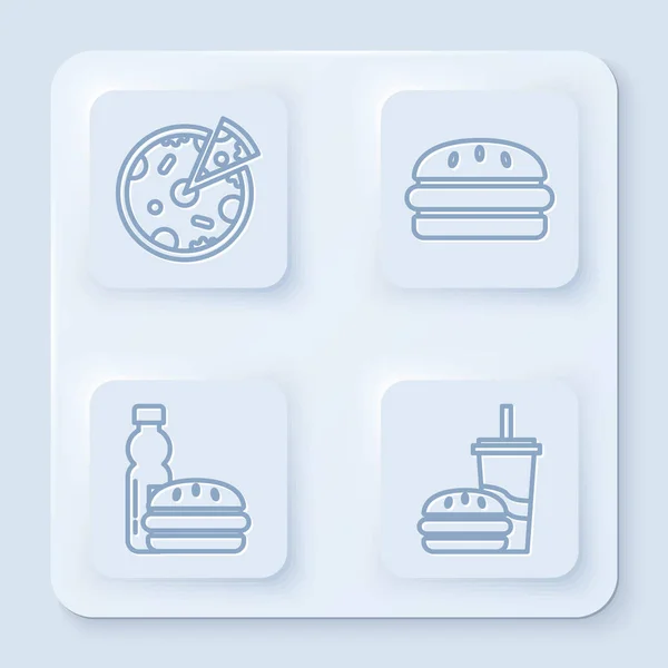 Pizzát, burgert, vizet, hamburgert és papírpoharat ivószállal és hamburgerrel. Fehér négyzet gomb. Vektor — Stock Vector