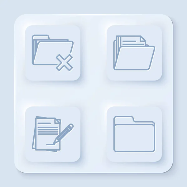Set lijn Verwijderen map, Document map, Blanco notebook en potlood met gum en Document map. Witte vierkante knop. Vector — Stockvector