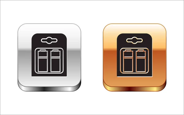 Fekete akkumulátor csomag ikon elszigetelt fehér háttér. Villámcsapás szimbólum. Ezüst-arany négyzet gomb. Vektorillusztráció — Stock Vector