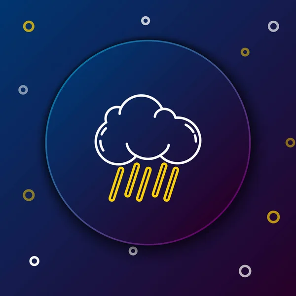 White and yellow line Cloud with rain icon isolated on dark blue background. Rain cloud precipitation with rain drops. Colorful outline concept. Vector Illustration