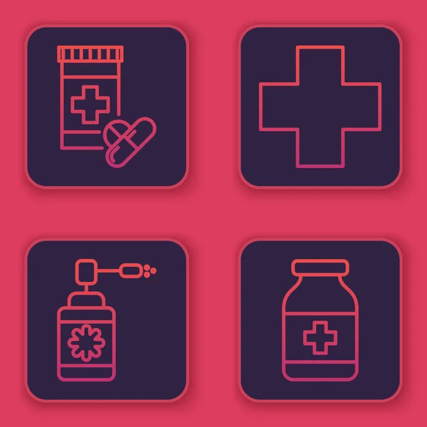 Σετ γραμμή Ιατρικό μπουκάλι και χάπια, Ιατρικό μπουκάλι με σπρέι ακροφυσίου, Σταυρού νοσοκομείο ιατρική και ιατρική φιάλη. Μπλε τετράγωνο κουμπί. Διάνυσμα — Διανυσματικό Αρχείο