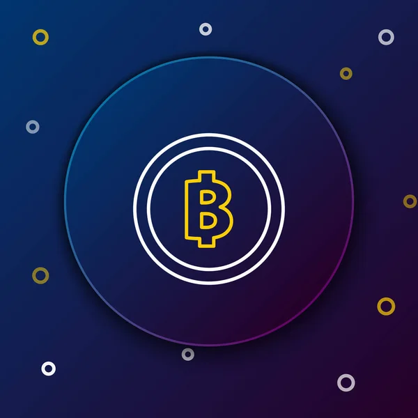 Fehér és sárga vonal Cryptocurrency érme Bitcoin ikon sötétkék háttérrel. Fizikai aprópénz. Blokkolólánc alapú biztonságos titkosító valuta. Színes vázlat koncepció. Vektorillusztráció — Stock Vector
