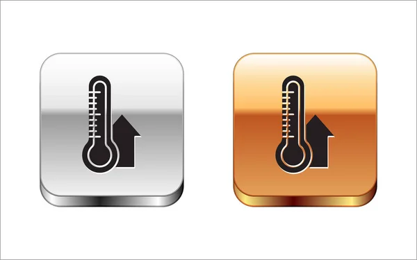 Schwarzes Meteorologie-Thermometer-Messsymbol auf weißem Hintergrund. Thermometerausrüstung, die heißes oder kaltes Wetter zeigt. Silber-Gold quadratischer Knopf. Vektorillustration — Stockvektor
