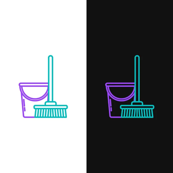 緑と紫の線白と黒の背景に隔離されたモップとバケツのアイコン 清掃サービスのコンセプト ベクターイラスト — ストックベクタ
