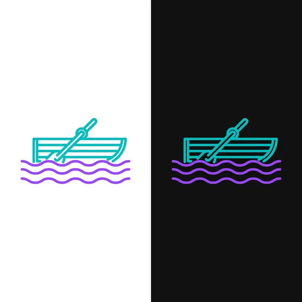 Green Purple Line Fishing Boat Oars Water Icon Isolated White — Stock Vector