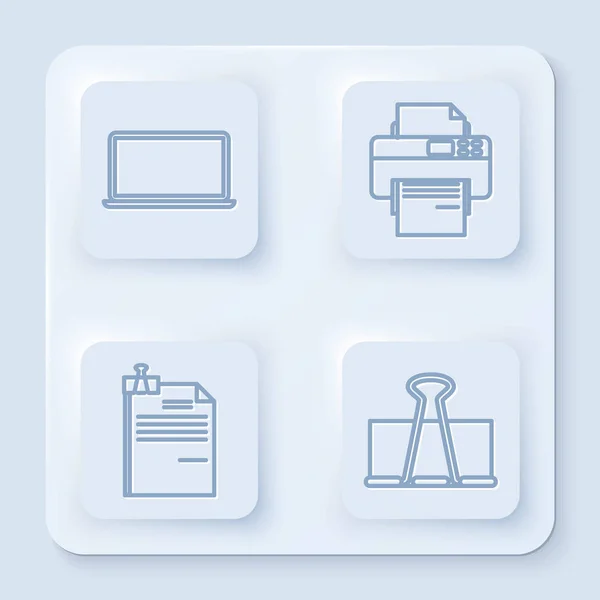 Set lijn Laptop, Printer, File document en binder clip en Binder clip. Witte vierkante knop. Vector — Stockvector