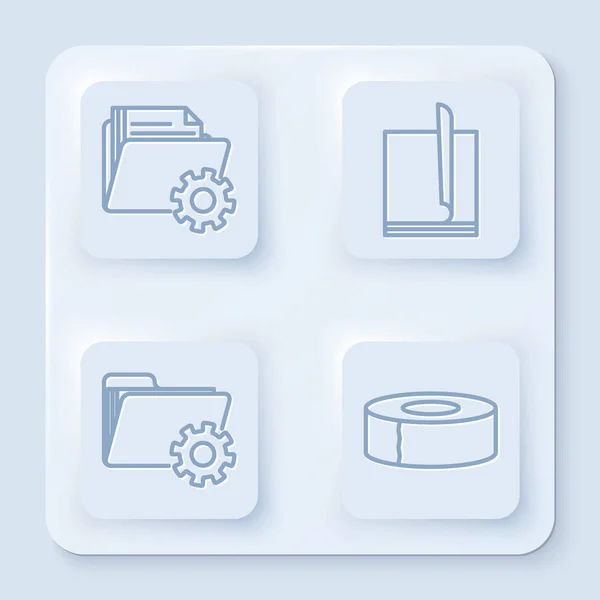 Set line Folder instellingen met tandwielen, File document, Folder instellingen met tandwielen en Scotch. Witte vierkante knop. Vector — Stockvector