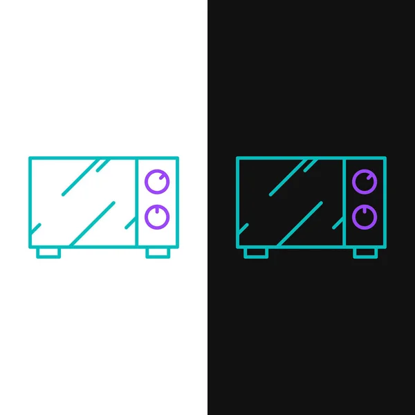 绿色和紫色线微波炉图标孤立在白色和黑色背景 家用电器图标 病媒图解 — 图库矢量图片