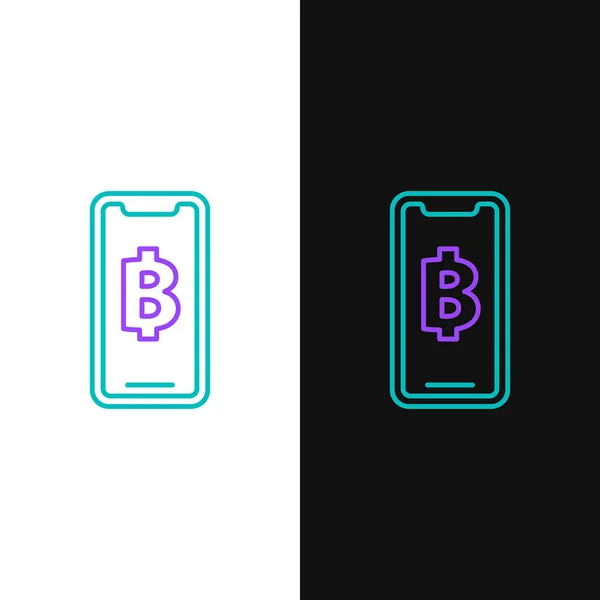 Green Purple Line Phone Mobile Cryptocurrency Coin Bitcoin Icon Isolated — Stock Vector