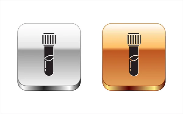 Tubo de teste preto e ícone de teste químico do frasco isolado no fundo branco. Sinal de vidro de laboratório. Botão quadrado prata-ouro. Ilustração vetorial —  Vetores de Stock