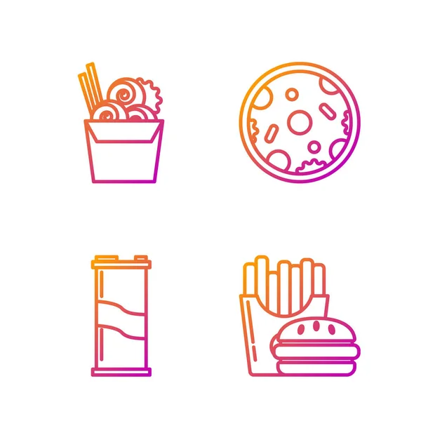 Set Line Hamburguesa Papas Fritas Caja Cartón Lata Soda Fideos — Vector de stock