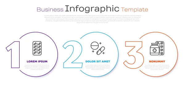 Definir Linha Pílulas Blister Pílula Medicina Comprimido Garrafa Medicina Pílulas — Vetor de Stock